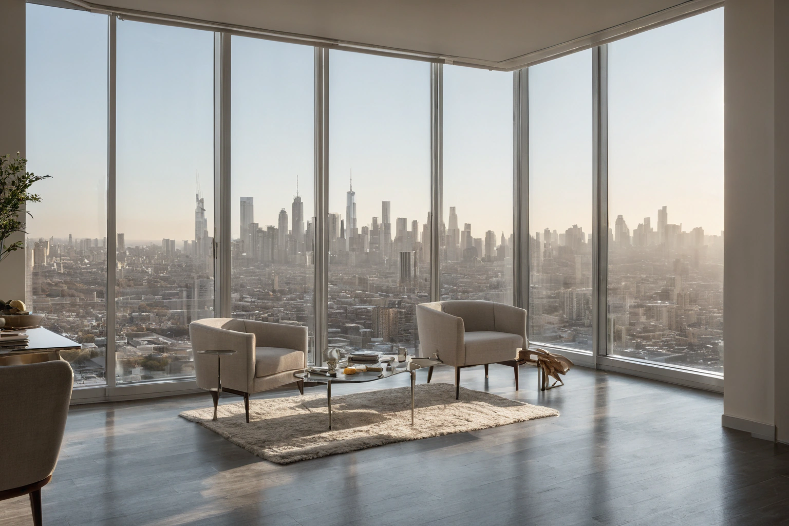 Bright apartment with sheer solar shades taming strong sun