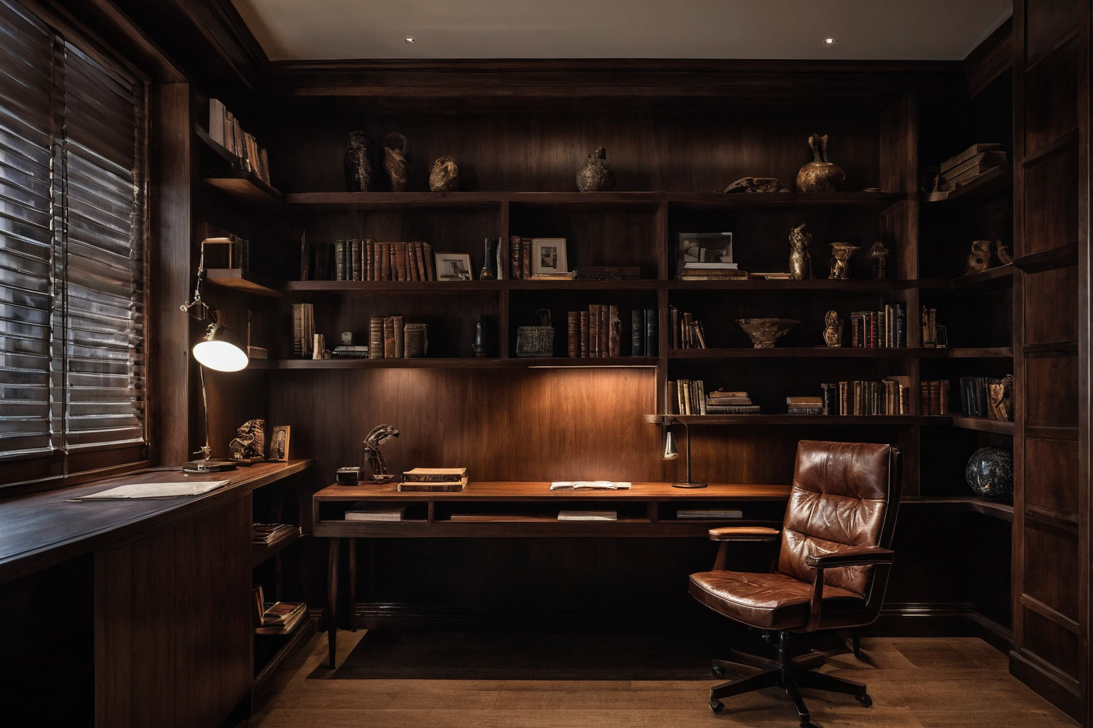 Deliberately dim timber-lined study as contrast to bright rooms