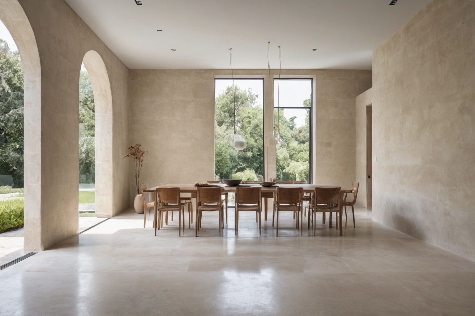 Honed stone floor and matte finishes keeping a bright room calm