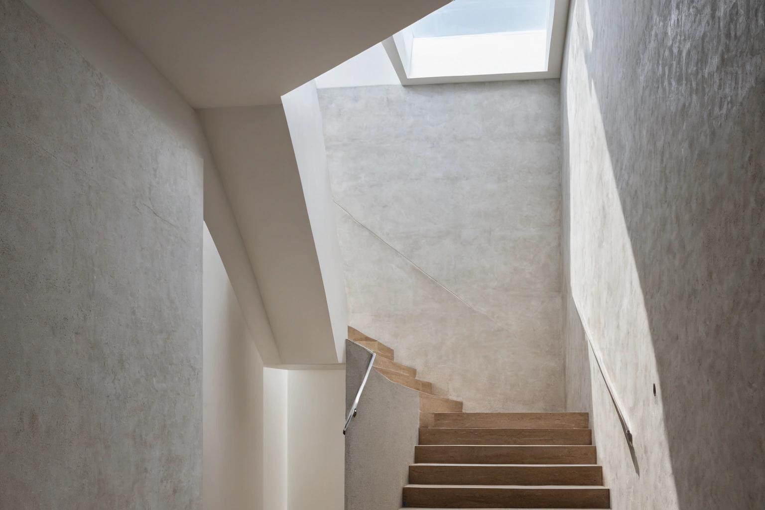 Skylight throwing carved light down a textured plaster wall